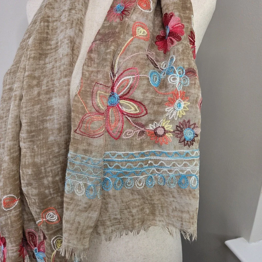 29 Palm Boho Embroidered Floral Scarf Brown‎ Indie Fringe Hippie Festival Wrap